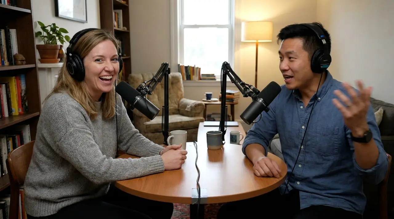A guest making a point to a podcast host across a small round table at home